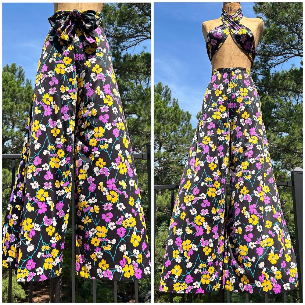 Vintage 60s Dark Floral High Waist Extra Wide Leg Palazzo Pants + Sash S M